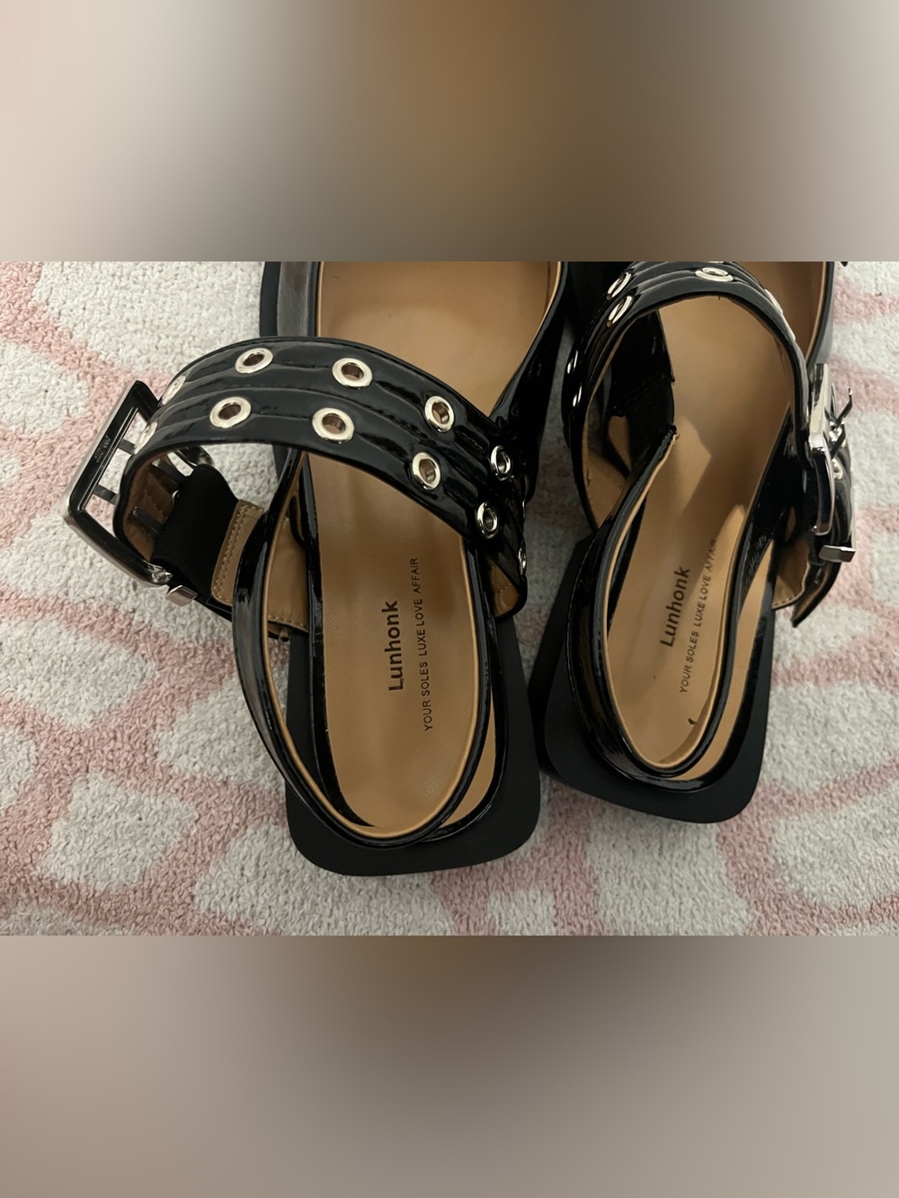 Black Patent Eyelet Buckle Sandals